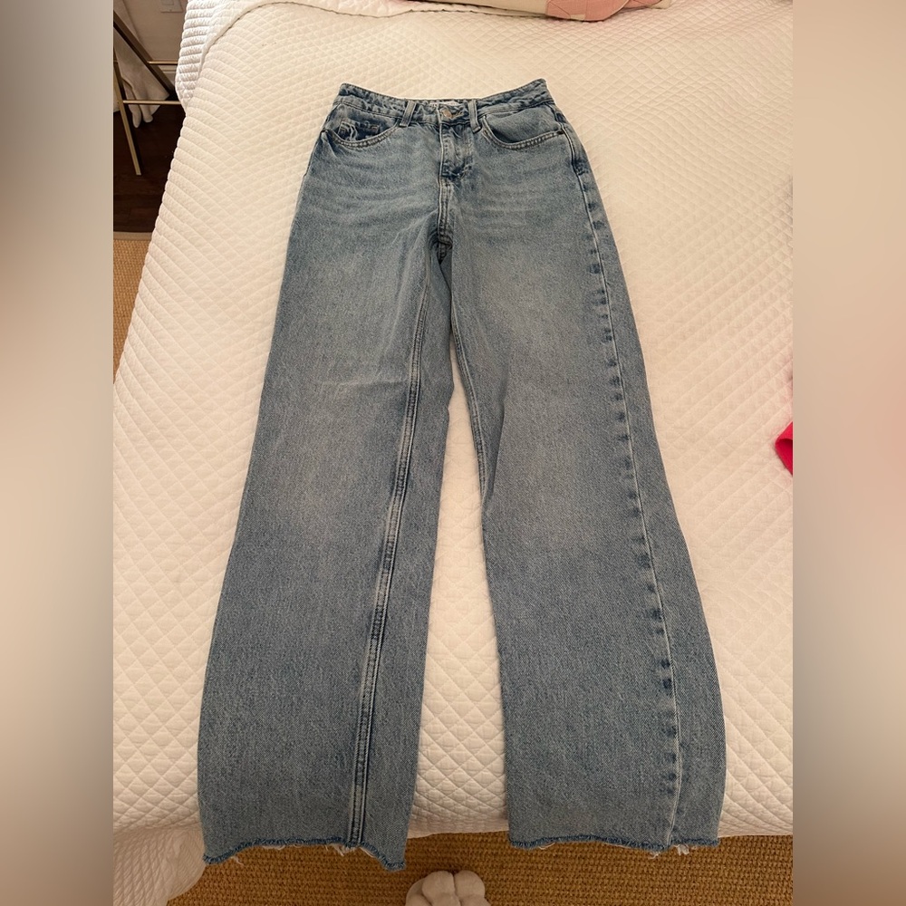 Zara High Rise Straight Leg Mid Blue Jeans